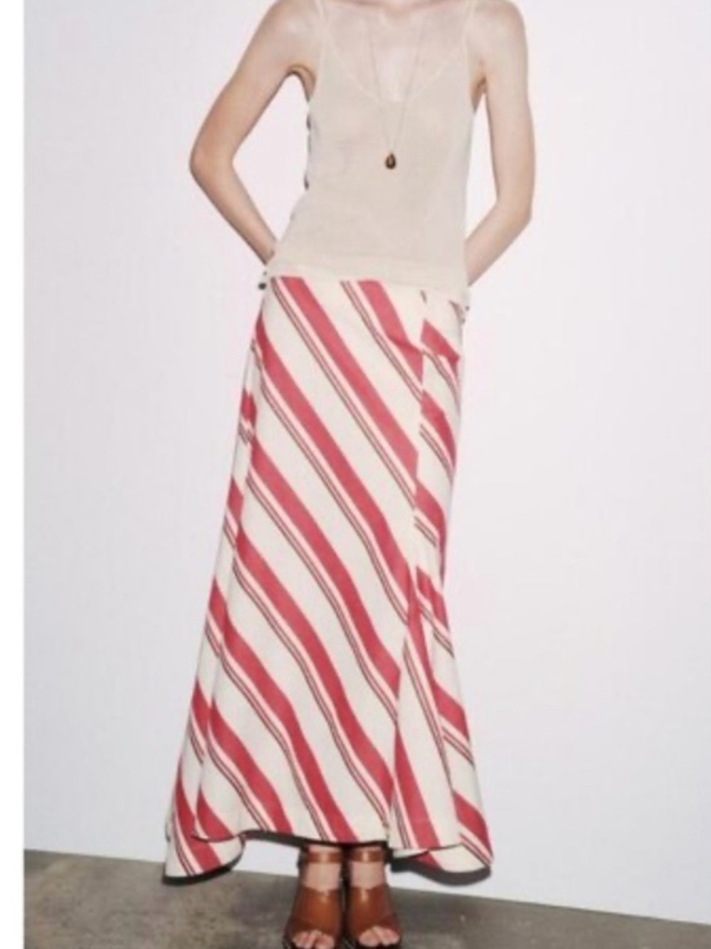 ZARA Cream Red Brown Diagonal Stripe A-Line Asymmetric Skirt! 🌺 - Picture 8 of 16